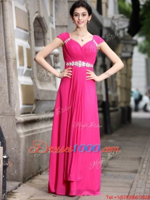 On Sale Floor Length Hot Pink Evening Dress Chiffon Sleeveless Beading