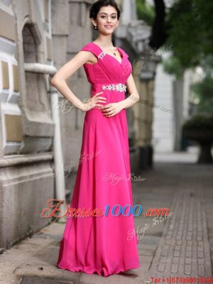 On Sale Floor Length Hot Pink Evening Dress Chiffon Sleeveless Beading