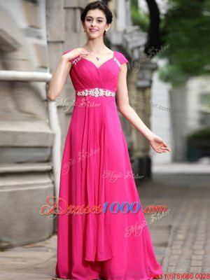 On Sale Floor Length Hot Pink Evening Dress Chiffon Sleeveless Beading