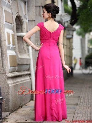 On Sale Floor Length Hot Pink Evening Dress Chiffon Sleeveless Beading