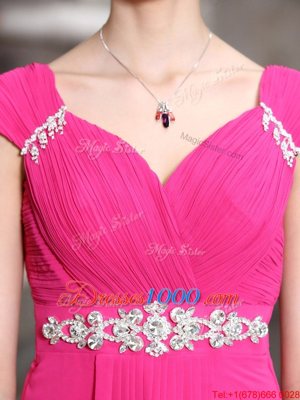On Sale Floor Length Hot Pink Evening Dress Chiffon Sleeveless Beading