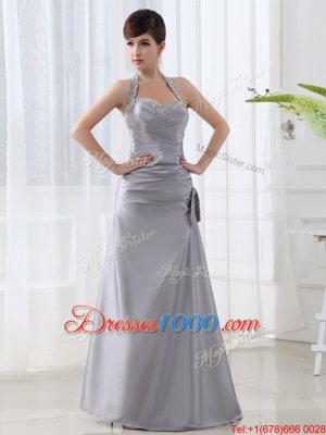Top Selling Halter Top Grey Satin Lace Up Evening Gowns Sleeveless Floor Length Beading and Ruching