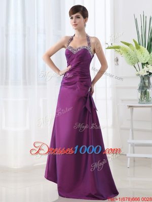 Customized Halter Top Sleeveless Lace Up Purple Satin
