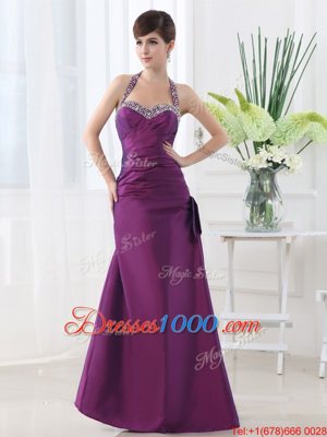 Customized Halter Top Sleeveless Lace Up Purple Satin