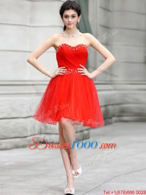 Sexy Sweetheart Sleeveless Evening Dress Knee Length Beading Coral Red Chiffon