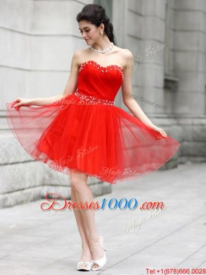 Sexy Sweetheart Sleeveless Evening Dress Knee Length Beading Coral Red Chiffon