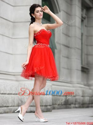 Sexy Sweetheart Sleeveless Evening Dress Knee Length Beading Coral Red Chiffon