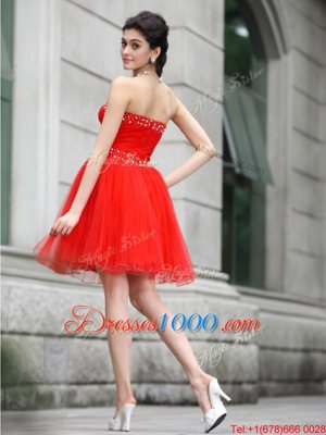 Sexy Sweetheart Sleeveless Evening Dress Knee Length Beading Coral Red Chiffon