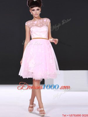 Baby Pink Homecoming Dress Prom and Party and For with Lace Scoop Cap Sleeves Zipper