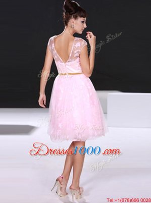 Baby Pink Homecoming Dress Prom and Party and For with Lace Scoop Cap Sleeves Zipper