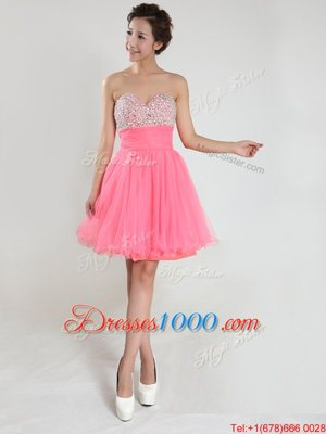 Pink Chiffon Lace Up Casual Dresses Sleeveless Knee Length Beading