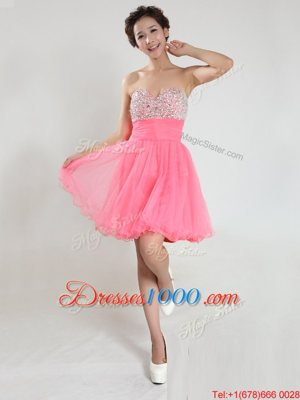 Pink Chiffon Lace Up Casual Dresses Sleeveless Knee Length Beading