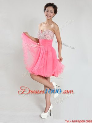 Pink Chiffon Lace Up Casual Dresses Sleeveless Knee Length Beading