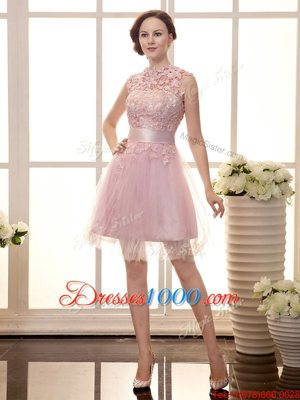 Lovely Chiffon High-neck Sleeveless Zipper Lace Casual Dresses in Baby Pink