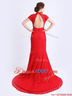 Cap Sleeves With Train Lace Backless Prom Dresses with Red Brush Train