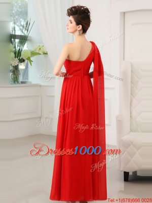 Stunning One Shoulder Sleeveless Chiffon Floor Length Zipper Prom Evening Gown in Red for with Beading and Sashes|ribbons and Ruching