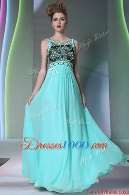 Admirable Scoop Sleeveless Floor Length Beading Side Zipper Evening Dress with Aqua Blue