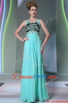 Admirable Scoop Sleeveless Floor Length Beading Side Zipper Evening Dress with Aqua Blue