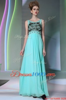 Admirable Scoop Sleeveless Floor Length Beading Side Zipper Evening Dress with Aqua Blue