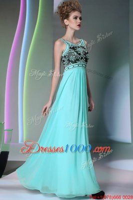Admirable Scoop Sleeveless Floor Length Beading Side Zipper Evening Dress with Aqua Blue