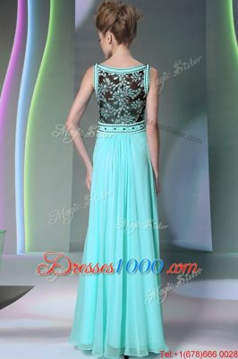 Admirable Scoop Sleeveless Floor Length Beading Side Zipper Evening Dress with Aqua Blue