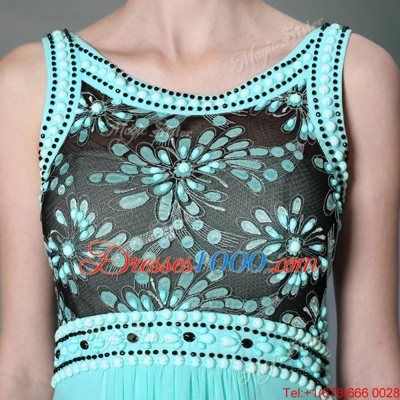 Admirable Scoop Sleeveless Floor Length Beading Side Zipper Evening Dress with Aqua Blue