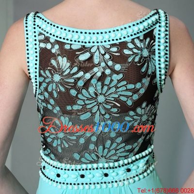Admirable Scoop Sleeveless Floor Length Beading Side Zipper Evening Dress with Aqua Blue