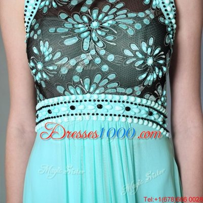 Admirable Scoop Sleeveless Floor Length Beading Side Zipper Evening Dress with Aqua Blue