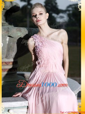 Empire Baby Pink One Shoulder Chiffon Sleeveless Floor Length Side Zipper