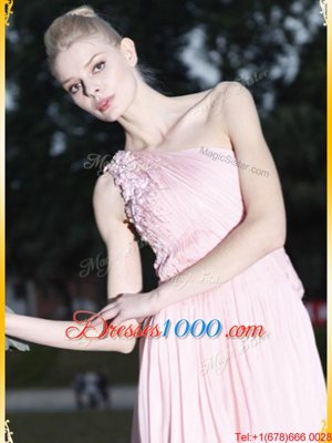 Empire Baby Pink One Shoulder Chiffon Sleeveless Floor Length Side Zipper
