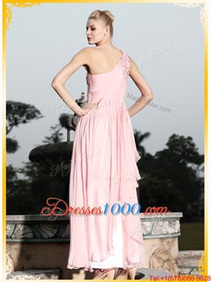 Empire Baby Pink One Shoulder Chiffon Sleeveless Floor Length Side Zipper