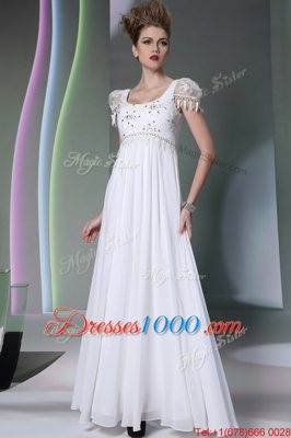 Custom Fit White Chiffon Zipper Scoop Sleeveless Floor Length Prom Evening Gown Beading and Lace
