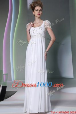 Custom Fit White Chiffon Zipper Scoop Sleeveless Floor Length Prom Evening Gown Beading and Lace
