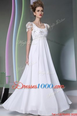 Custom Fit White Chiffon Zipper Scoop Sleeveless Floor Length Prom Evening Gown Beading and Lace
