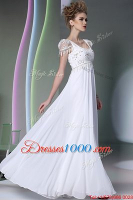 Custom Fit White Chiffon Zipper Scoop Sleeveless Floor Length Prom Evening Gown Beading and Lace