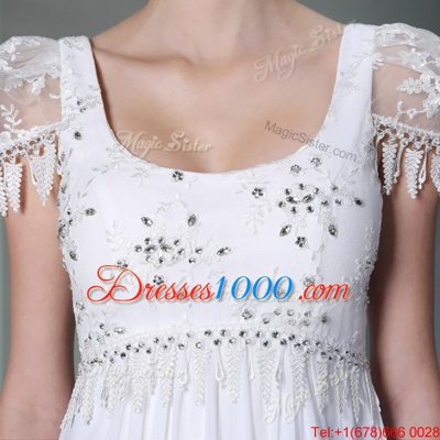 Custom Fit White Chiffon Zipper Scoop Sleeveless Floor Length Prom Evening Gown Beading and Lace