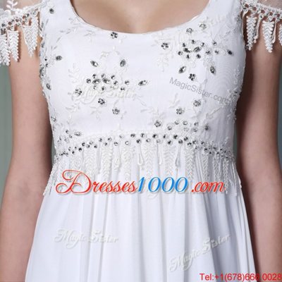 Custom Fit White Chiffon Zipper Scoop Sleeveless Floor Length Prom Evening Gown Beading and Lace