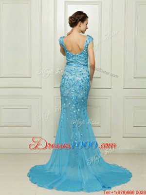 Super Baby Blue Mermaid Bateau Sleeveless Chiffon With Brush Train Zipper Beading and Appliques Juniors Evening Dress