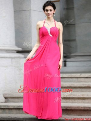 Halter Top Floor Length Zipper Prom Evening Gown Hot Pink and In for Prom and Party with Beading