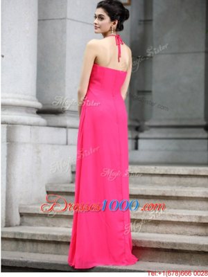 Halter Top Floor Length Zipper Prom Evening Gown Hot Pink and In for Prom and Party with Beading