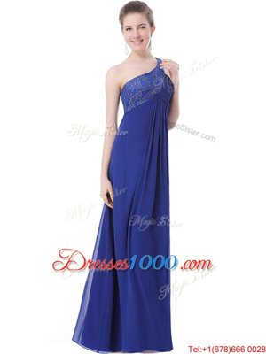 Suitable One Shoulder Beading Prom Party Dress Blue Criss Cross Sleeveless Floor Length
