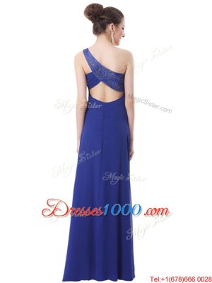 Suitable One Shoulder Beading Prom Party Dress Blue Criss Cross Sleeveless Floor Length