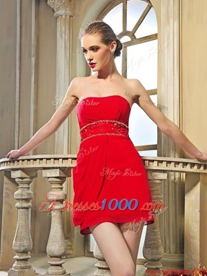 Red Chiffon Lace Up Prom Party Dress Sleeveless Mini Length Beading