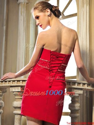 Red Chiffon Lace Up Prom Party Dress Sleeveless Mini Length Beading