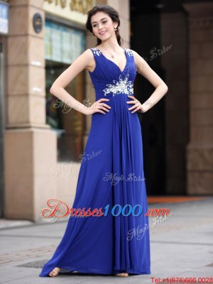 Blue Column/Sheath Chiffon V-neck Sleeveless Beading and Appliques and Ruching Floor Length Zipper Prom Dresses