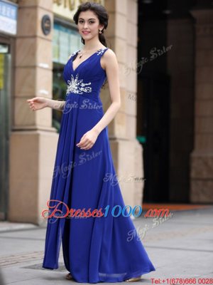 Blue Column/Sheath Chiffon V-neck Sleeveless Beading and Appliques and Ruching Floor Length Zipper Prom Dresses