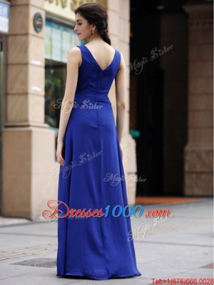 Blue Column/Sheath Chiffon V-neck Sleeveless Beading and Appliques and Ruching Floor Length Zipper Prom Dresses