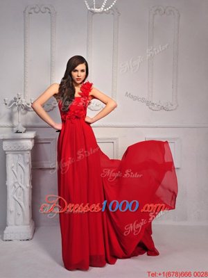 Simple Court Train Column/Sheath Homecoming Dress Red One Shoulder Silk Like Satin Sleeveless With Train Lace Up