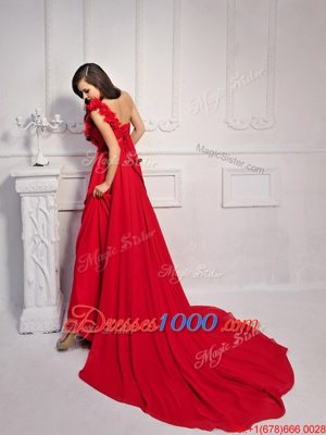 Simple Court Train Column/Sheath Homecoming Dress Red One Shoulder Silk Like Satin Sleeveless With Train Lace Up