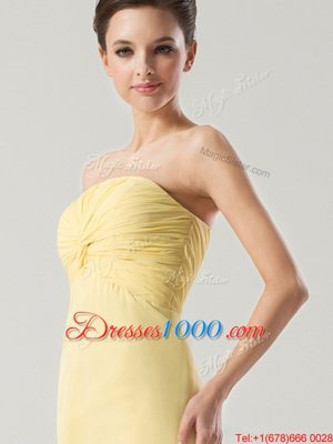 Light Yellow Empire Strapless Sleeveless Chiffon High Low Zipper Ruching Prom Gown